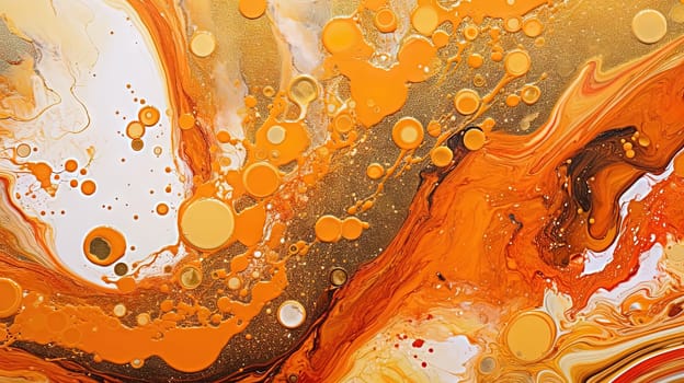 Abstract artistic background with orange marble and golden paint stains. Generated AI