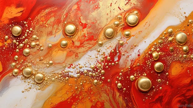 Abstract artistic background with red marble and golden paint stains. Generated AI