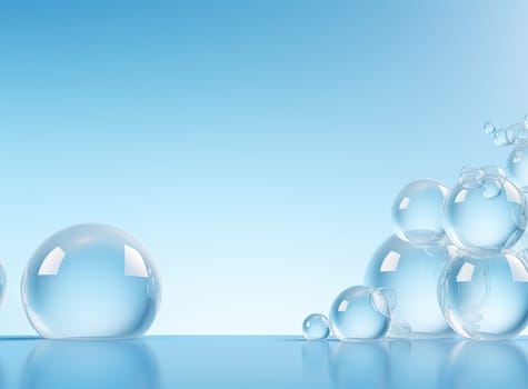 Soaring bubbles on blue background. Abstract soap bubbles floating background. Generated AI