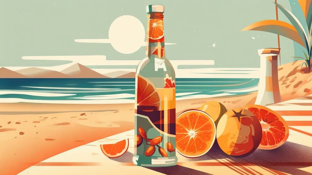Bottle with fruit water or alcohol in the sand of the beach. Vacation scene with lemonade bottle on the shore line. Generative AI