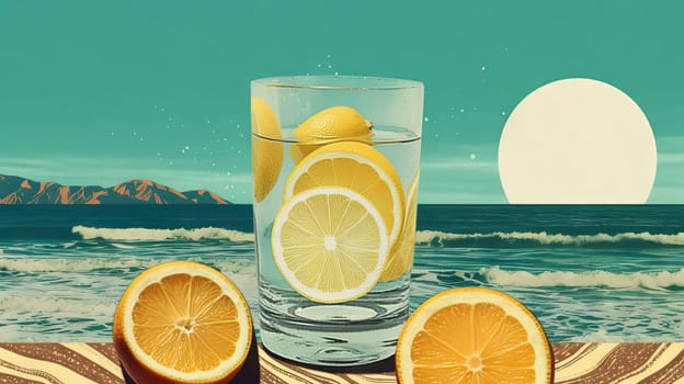 Glass with lemon water in the sand of the beach. Vacation scene with lemonade glass on the shore line. Generative AI.