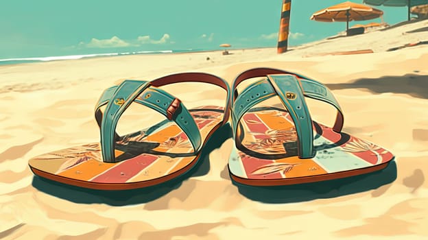 Flip flop sandals on the sandy beach in nostalgic card style. Retro vacation postcard with slippers on the coast. Generated AI