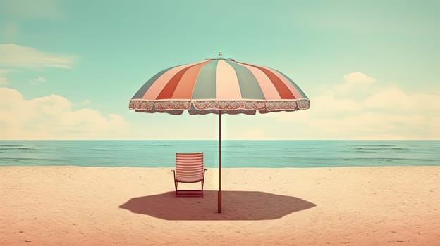 Umbrella on the hot sand of the beach. Grungy card with vacation scene of parasol on the shore line. Generative AI