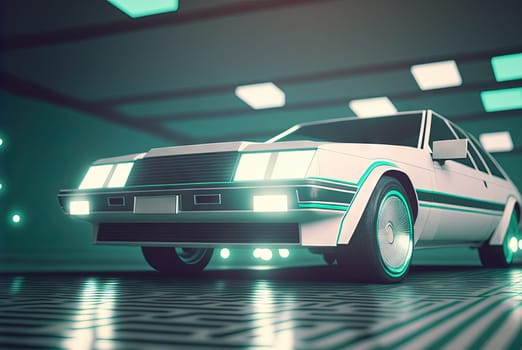 80s styled abstract retro car. Vintage automotive design in neon lights. Generated AI