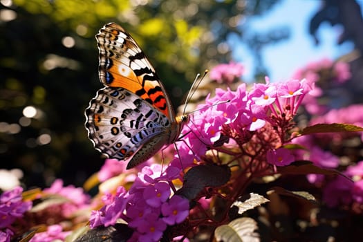 Butterfly on the colorful flowers and plants. Calm nature scene with dreamy colors. Generated AI