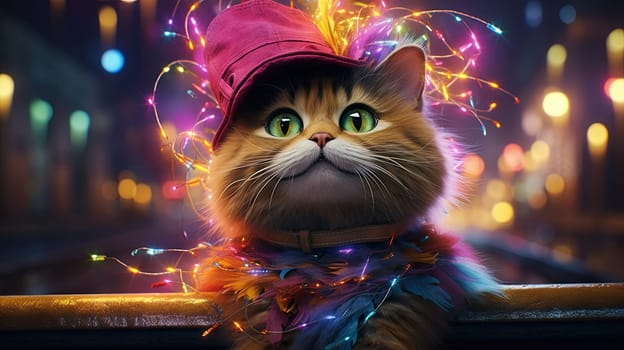Party cat in neon colors. Funny kitten with holographic hat in 90s style neon lights. Generated AI