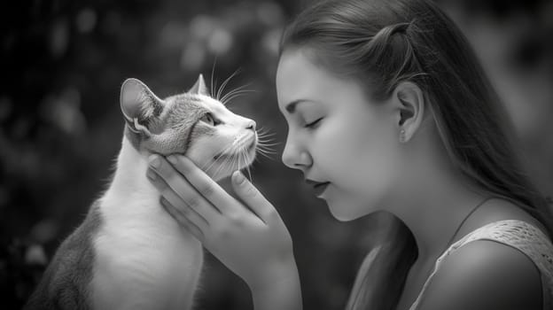 Tender cat cuddling. Cute delicate kitten. Generated AI