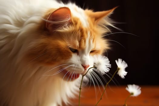 Cat sneezing after smelling flowers. Allergy metaphor with funny kitten. Generated AI