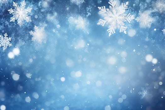 Christmas background with snowflakes and bokeh. Winter holidays celebration backdrop with snow on blurred background. Generated AI