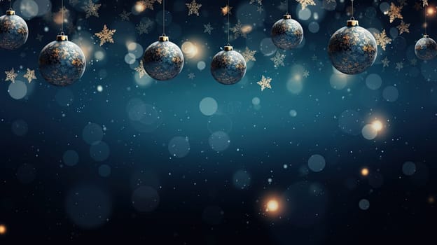 Christmas background with hanging baubles. Xmas balls on winter holidays greeting card. Generated AI