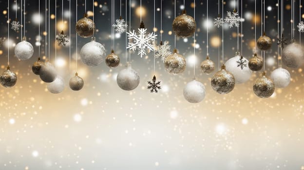 Christmas background with hanging baubles. Xmas balls on winter holidays greeting card. Generated AI