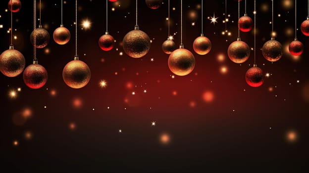 Christmas background with hanging baubles. Xmas balls on winter holidays greeting card. Generated AI
