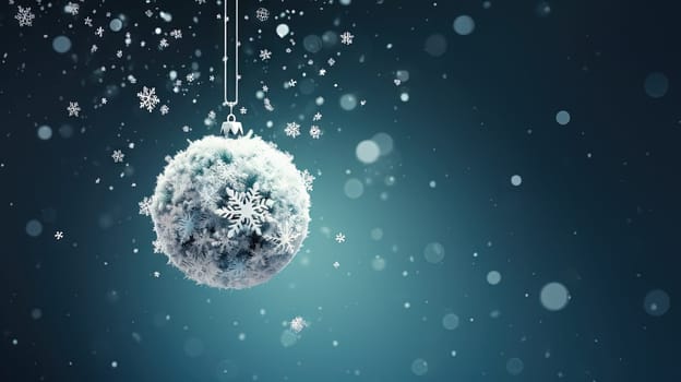 Beautiful Christmas bauble hanging on the background with snow sparkles. Xmas wither holiday card with glass ball. Generated AI