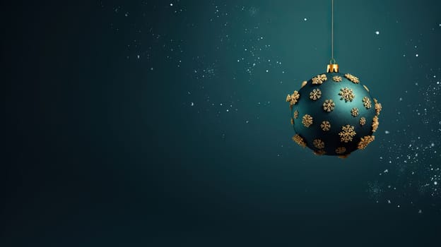 Beautiful Christmas bauble hanging on the background with snow sparkles. Xmas wither holiday card with glass ball. Generated AI