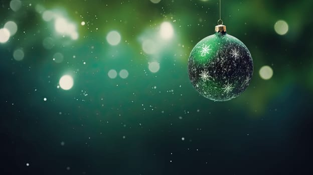 Beautiful Christmas bauble hanging on the background with snow sparkles. Xmas wither holiday card with glass ball. Generated AI
