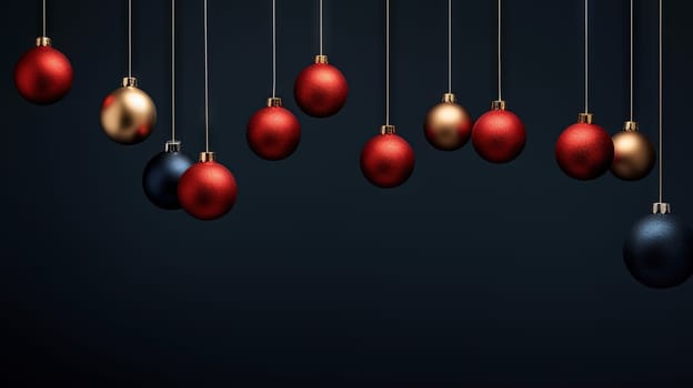 Christmas balls hanging in line on blue background. Winter holiday card with baubles. Generated AI