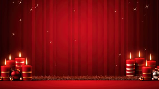 Christmas card with candles burning on the red background. Generated AI