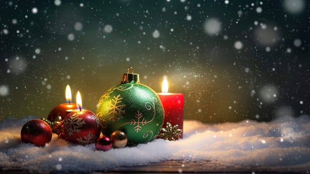 Christmas decoration with candles and baubles. Xmas card template with winter holidays ornament, candles and balls. Generated AI
