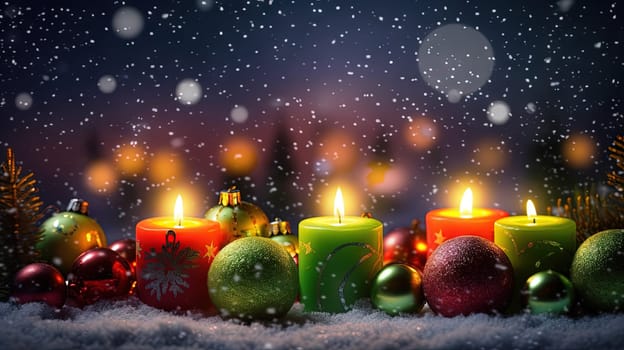 Christmas decoration with candles and baubles. Xmas card template with winter holidays ornament, candles and balls. Generated AI