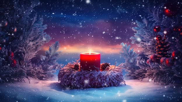 Christmas card with candle and mistletoe wreath. Winter holidays card with baubles and candles. Generated AI