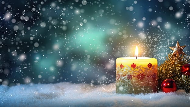 Christmas card with snow and candles. Winter holidays ornament and candles on the Xmas scene. Generated AI