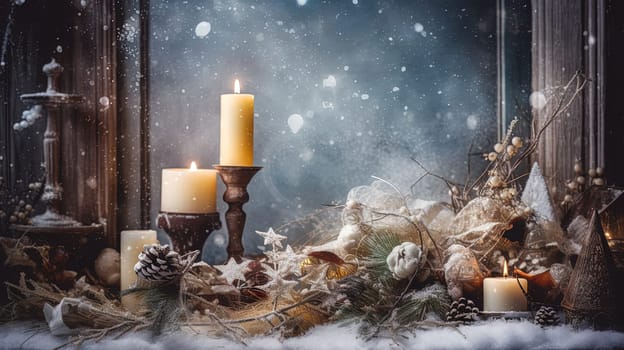 Christmas card with snow and candles. Winter holidays ornament and candles on the Xmas scene. Generated AI