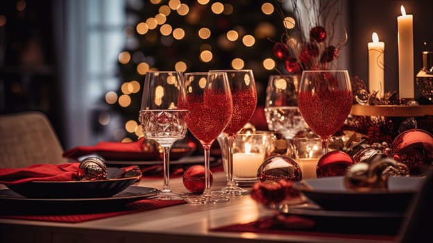 Christmas dinner table setting in winter holidays room. Generated AI