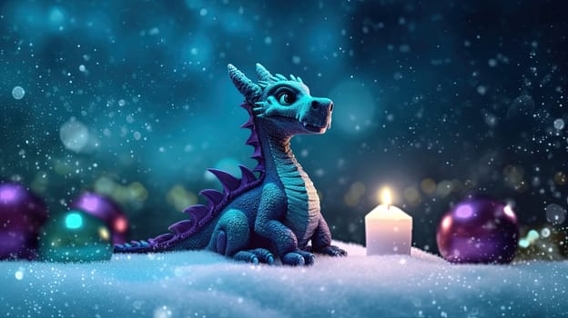 Funny cute dragon with candle for winter holidays and 2024 lunar new year celebration. Generated AI