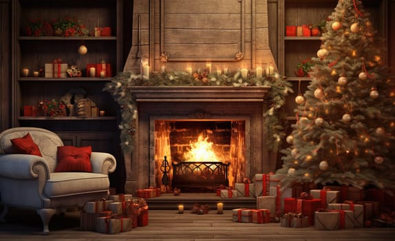Christmas holidays in the room with fireplace. Christmas tree and gifts in decorated for winter holidays room. Generated AI