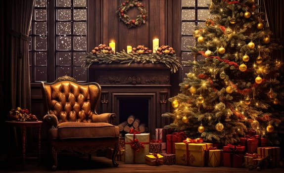 Christmas holidays in the room with fireplace. Christmas tree and gifts in decorated for winter holidays room. Generated AI