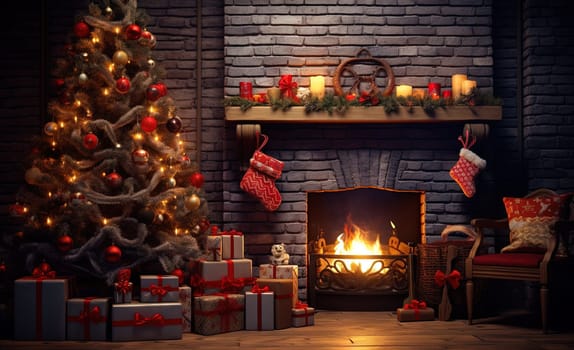 Christmas holidays in the room with fireplace. Christmas tree and gifts in decorated for winter holidays room. Generated AI
