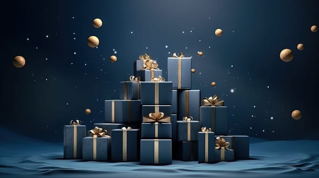 Group of Christmas gifts on blue background. Boxes with ribbons for winter holidays. Generated AI