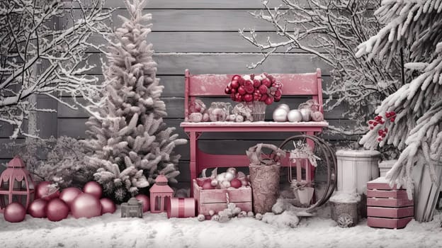 Vintage Christmas outdoor scene with gifts and baubles covered in snow. Generated AI