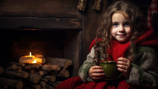 Little girl with cozy sweater drinks hot beverage cup on Christmas holidays. Generated AI