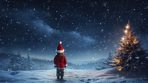 Girl waiting for Santa Claus and Christmas miracles on the snowy street. Generated AI