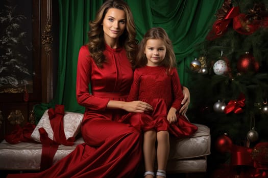 Mother and daughter sitting under the Christmas tree with gifts during winter holidays. Generated AI