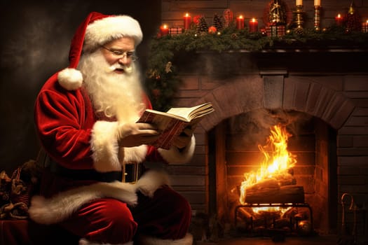 Santa Claus giving a Christmas gift. Xmas winter holiday scene with magic gifts and Santa. Generated AI