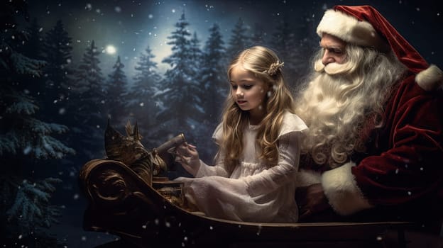 Christmas scene with Santa Claus and girl talking. Winter holiday magic riding with Santa. Generated AI