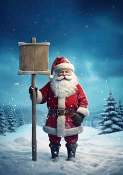 Santa with singboard on Christmas holidays. Road sign on winter track with Santa Claus. Generated AI