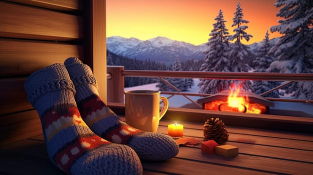 Cozy evening winter scene with relaxing Christmas attributes. Cup of warm drink, wool sock and candle. Generated AI