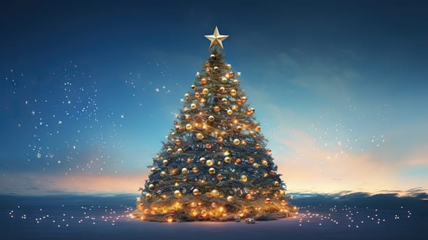 Christmas tree shining with stars, garlands and baubles in the evening snowy backyard. Generated AI