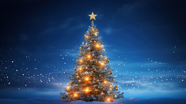 Christmas tree shining with stars, garlands and baubles in the evening snowy backyard. Generated AI