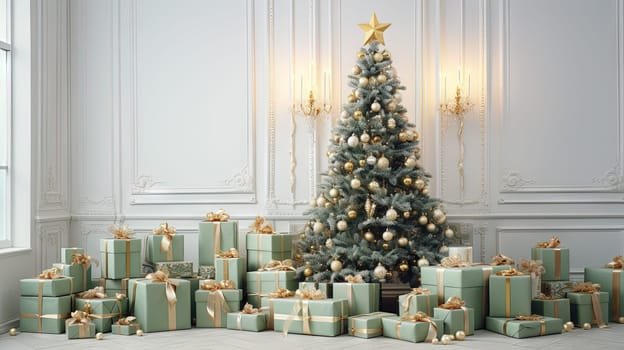 Christmas tree with gifts in the bright room in morning. Winter holidays in light interior. Generated AI
