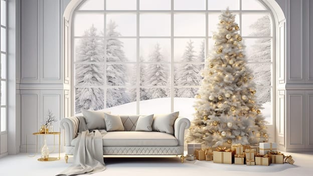 Christmas tree with gifts in the bright room in morning. Winter holidays in light interior. Generated AI