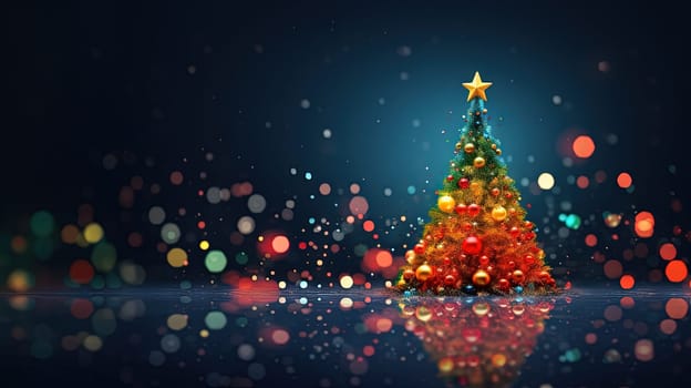 Tiny Christmas Tree toy on the table. Symbol of winter holidays with bokeh lights. Generated AI
