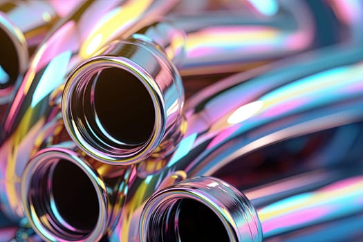Abstract chrome pipes composition. Industry themed background with shiny metallic connected pipes. Generated AI