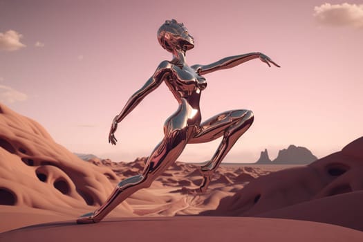 Crome robot woman dancing in the desert. Artificial intelligence rise and shiny. Mechanical beauty. Generated AI