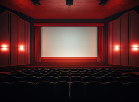 Cinema interior with seats and white screen. Movie theater room with chairs. Generated AI