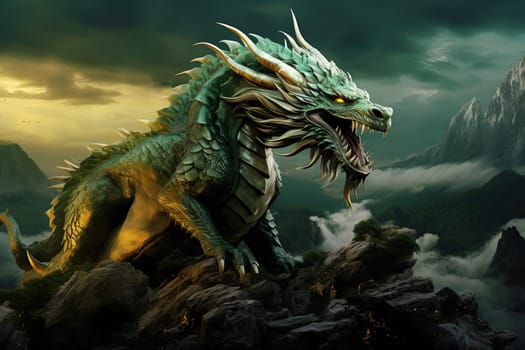 Green dragon, mysterious monster from farytales and symbol of 2024 lunar year in Chinese calendar. Generated AI