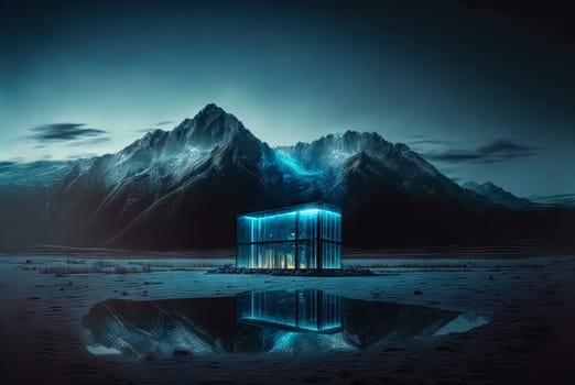 Glass architecture in the mountain landscape. Architectural abstraction combined with nature. Generated AI